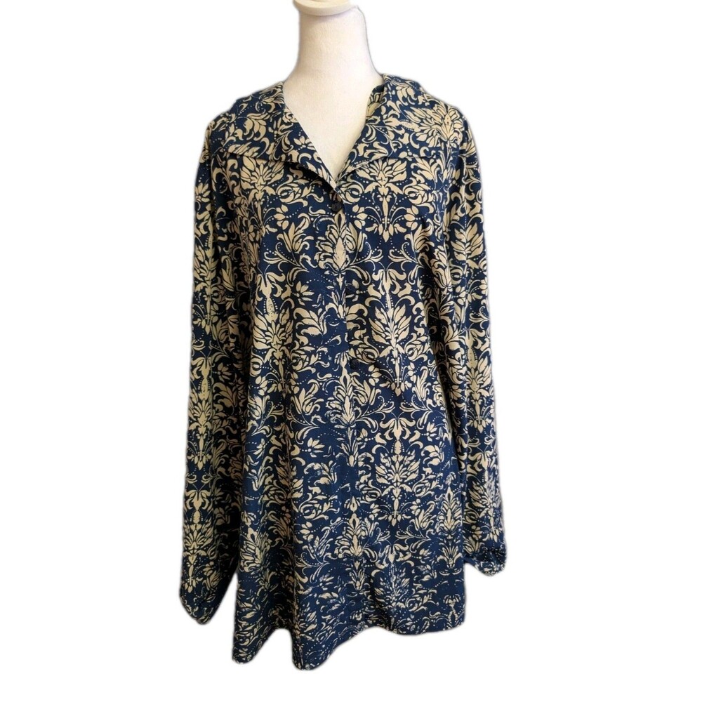Catherines Button Up Shirt Size 6X 3/4 Sleeve Navy Blue Tan Floral Gorgeous Top